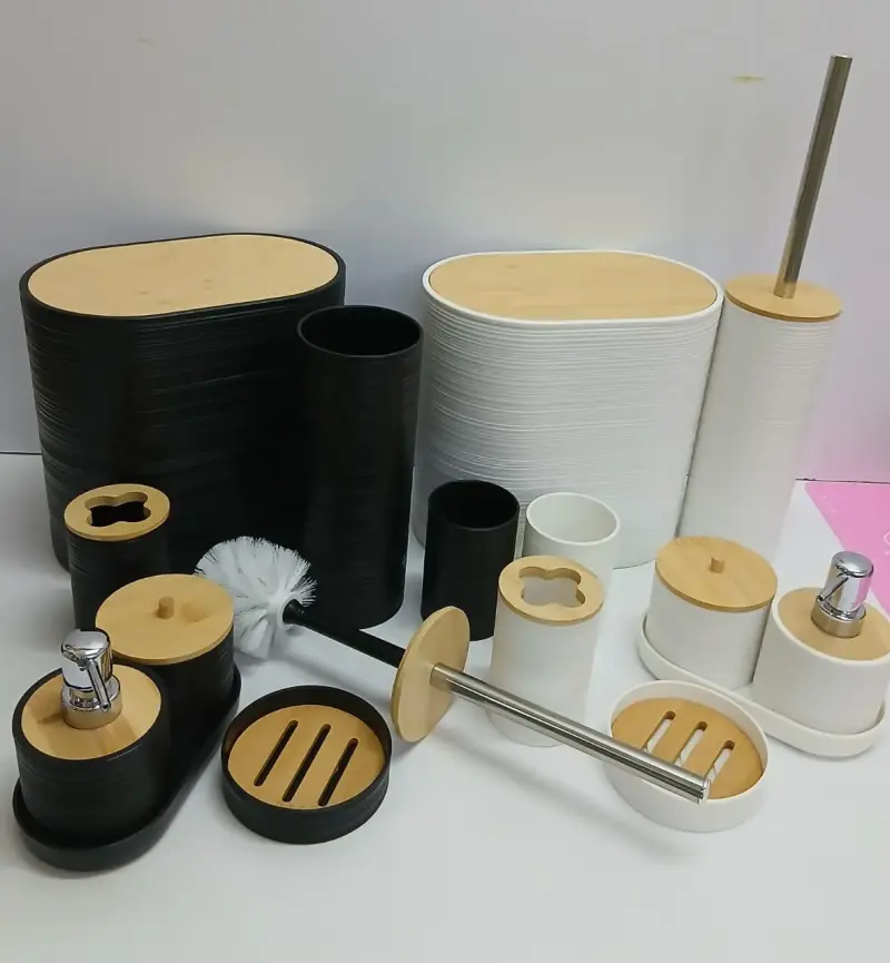 Bathroom Accessories . ⏯️8 in 1 set includes {Toothbrush holder, Soap dispenser, Toilet brush, Trash can.